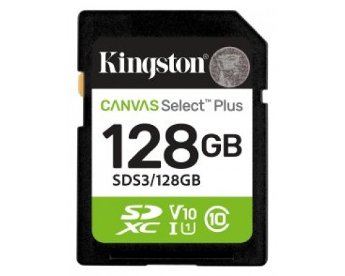 Kingston Technology 128 GB SDXC Canvas Select Plus Gen3 150 MB/s C10 UHS-I U1 V10 (Espera 4 dias)