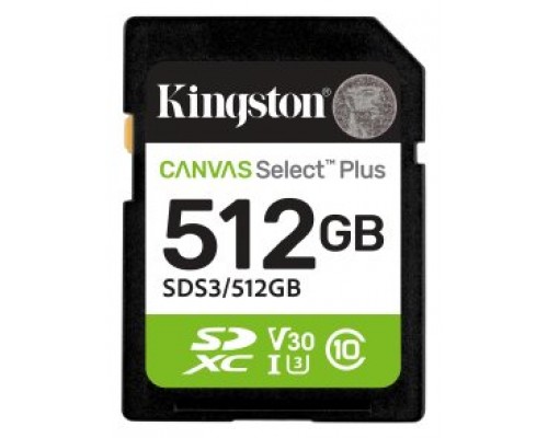 Kingston Technology 512 GB SDXC Canvas Select Plus Gen3 150 MB/s C10 UHS-I U3 V30 (Espera 4 dias)