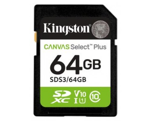 Kingston Technology 64 GB SDXC Canvas Select Plus Gen3 100 MB/s C10 UHS-I U1 V10 (Espera 4 dias)