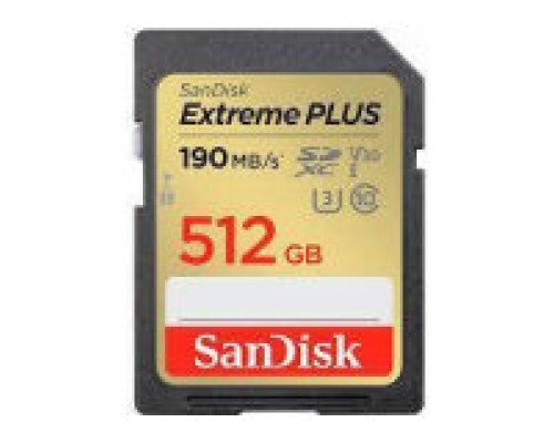 SANDISK EXTREME PLUS 512GB SDXC MEMORY CARD + 2 YEARS RESCUE PRO DELUXE UP TO 190MB/S - 130MB/S READ WRITE SPEEDS (Espera 4 dias)