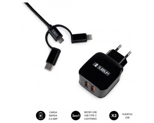 CARGADOR PARED SUBBLIM ABS 2.4A CON CABLE 3IN1 BLACK