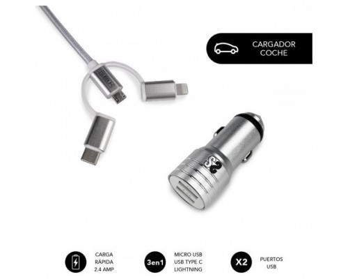 SUBBLIM Cargador Coche 2xUSB Dual Car Charger Alum 2.4A + Cable 3 in 1 Silver (Espera 4 dias)