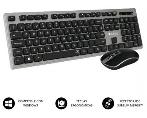 SUBBLIM Teclado Ergonómico y ratón inalámbricos Plano Silencioso Gris/Negro Ergo (Espera 4 dias)