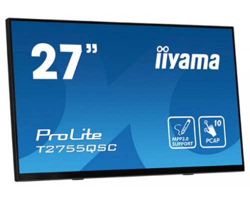 MONITOR IIYAMA 27" IPS BONDED PCAP 10P TOUCH, MPP2.0 (ACTIVE STYLUS) SUPPORTED, 2560X1440, FLAT BEZEL FREE GLASS FRONT, HDMI, DISPLAYPORT, 360CD/M², USB HUB 2X 3.2, SPEAKERS, BOOKSTAND (T2755QSC-B1) (Espera 4 dias)