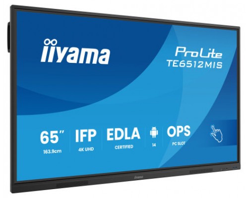 MONITOR INTERACTIVO IIYAMA 65" EDLA, ANDROID 14, 8/128GB, 40-P,3840X2160,UHD,MM 2X 20W,VGA,HDMI 2X /1XOUT, 2X USB-C,MINI-JACK OPTICAL OUT,USB TOUCH, 400CD/M2,LANDSC MODE,MEDIA PLAY USB, AG,LAN,RS232C,IIWARE,WIFI/BT,VESA 600X400,SLOT OPC (TE6512MIS-B4-SX75 MONITOR INTERACTIVO IIYAMA 65" EDLA, ANDROID 14, 8/128GB, 40-P,3840X2160,UHD,MM 2X 20W,VGA,HDMI 2X /1XOUT, 2X USB-C,MINI-JACK OPTICAL OUT,USB TOUCH, 400CD/M2,LANDSC MODE,MEDIA PLAY USB, AG,LAN,RS232C,IIWARE,WIFI/BT,VESA 600X400,SLOT OPC (TE6512MIS-B4