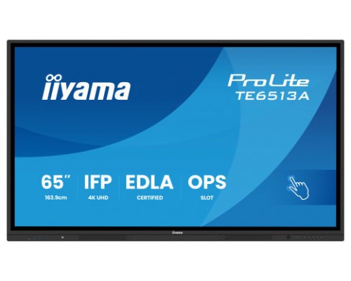 PANTALLA INTERACTIVA 65" EDLA, ANDROID 14, 8/128GB UHD IPS, MM 2X 20W  + 20W SUBWR, 2X HDMI, DP , 2X USB-C,  450CD/M, HORIZ , MEDIA PLAY USB PORTS, ANTIGLARE, LAN, RS232C, IIWARE WIFI-6/BT 5.0, OPS SLOT, VESA 400X400 (MOUNT INCLUDED) (TE6513A-B1AG) (