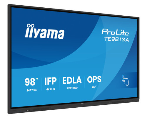 IIYAMA 98" (EDLA)/ANDROID 14,8 CORE SOC, 8/128GB, 40-PTS UHD , NFC, PIR , MM 2X20W +20W SBUW, 2XHDMI, USB-C / HDMI,DP, 2XUSB-C100W PD/MINI-JACK / OPT.OUT, 450CD/M2, L/S MODE, AG GLASS, LAN, WIFI6, BT5.0/IIWARE, PC SLOT,800X600 (WM INCL.) (TE9813A-B-SX249 IIYAMA 98" (EDLA)/ANDROID 14,8 CORE SOC, 8/128GB, 40-PTS UHD , NFC, PIR , MM 2X20W +20W SBUW, 2XHDMI, USB-C / HDMI,DP, 2XUSB-C100W PD/MINI-JACK / OPT.OUT, 450CD/M2, L/S MODE, AG GLASS, LAN, WIFI6, BT5.0/IIWARE, PC SLOT,800X600 (WM INCL.) (TE9813A-B