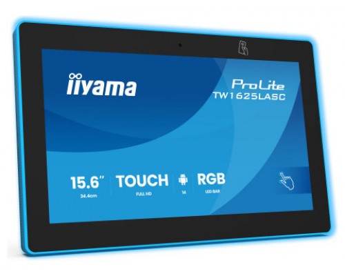 IIYAMA 15,6" RGB LED-LIGHTBAR PANEL-PC ANDROID 14+GMS, SOC OCTA-CORE RK3576 4GB, 32GB, 10-POINTS TOUCH, 1920X1080, IPS , SPEAKERS, MIC, CAMERA 5MP, NFC, RFID, POE, WIFI6E, BT5.3, SD SLOT, 390CD/M2, CABLE COVER, IISIGNAGE2 SUPPORTED (TW1625LASC-B3PNR)