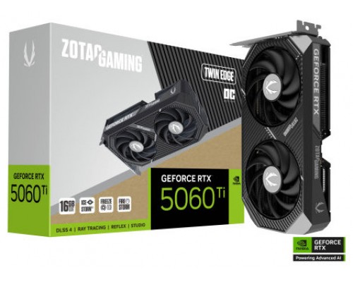 VGA ZOTAC RTX 5060 TI 16GB TWIN EDGE OC,NV,RTX5060TI,16GB,GDDR7,128BIT,1HDMI+3DP,2 VENTILADORES (ZT-B50620H-10M) (Espera 4 dias)